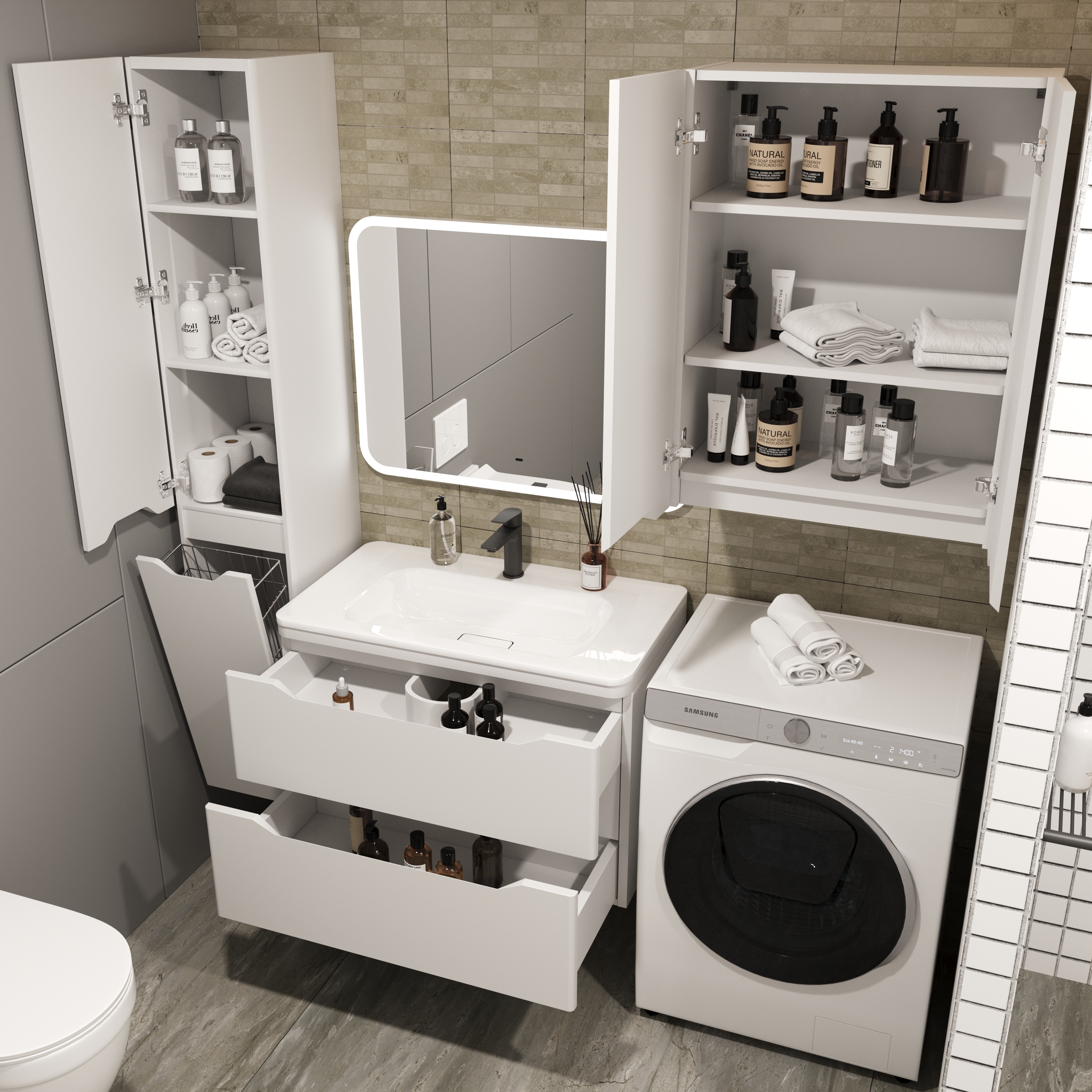 Тумба с раковиной Style Line Марелла 80 2 ящика Люкс антискрейтч белая матовый, Plus подвесная