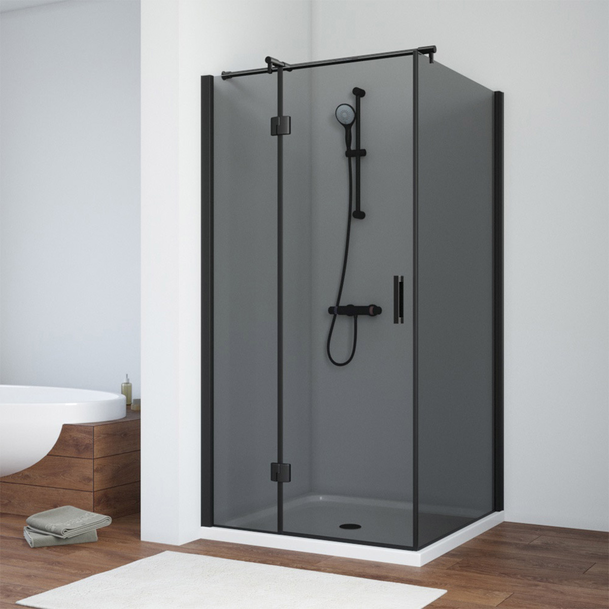 Душевой уголок Vegas Glass AFP-Fis NOVO 110*120 02М 07 L, профиль черный матовый, стекло графит