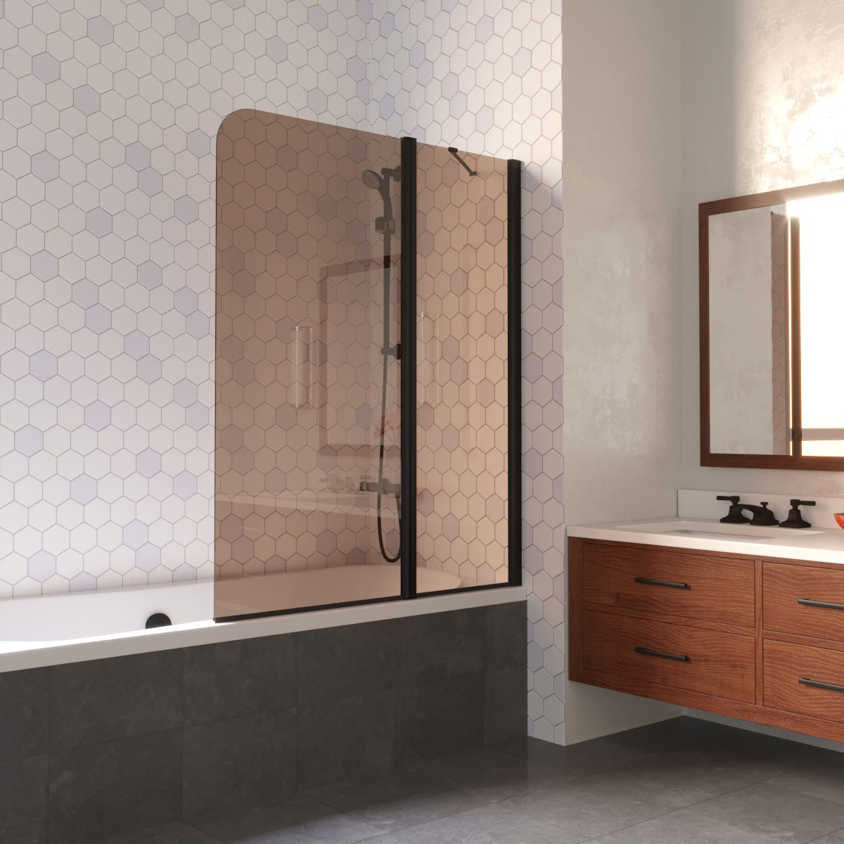 Шторка на ванну Vegas Glass  E2V LUX ST 115 02М 05 R, профиль черный матовый, стекло бронза