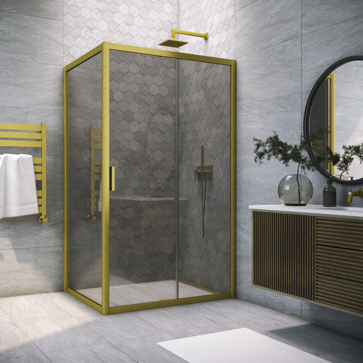 Душевой уголок Vegas Glass ZP+ZPV NOVO h2000 165*85 03 07, профиль золото матовое, стекло графит