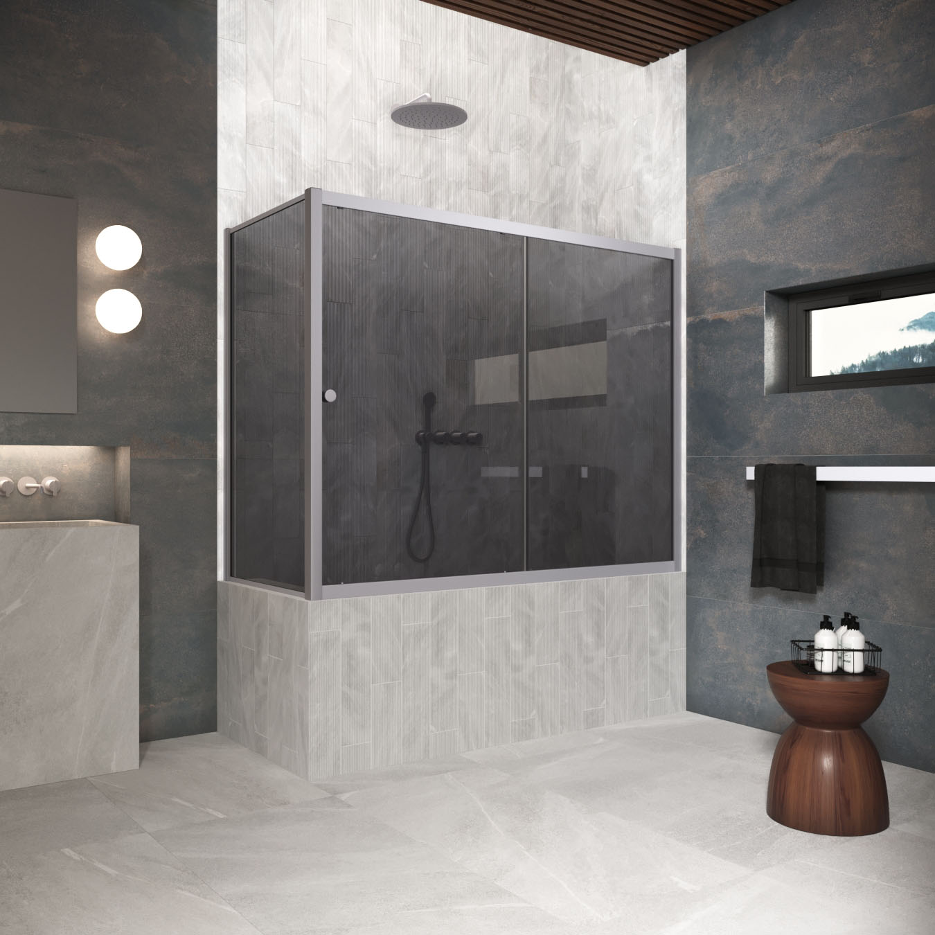 Шторка на ванну Vegas Glass  ZV+ZVF Protec 170*90 07 07, профиль матовый хром, стекло графит