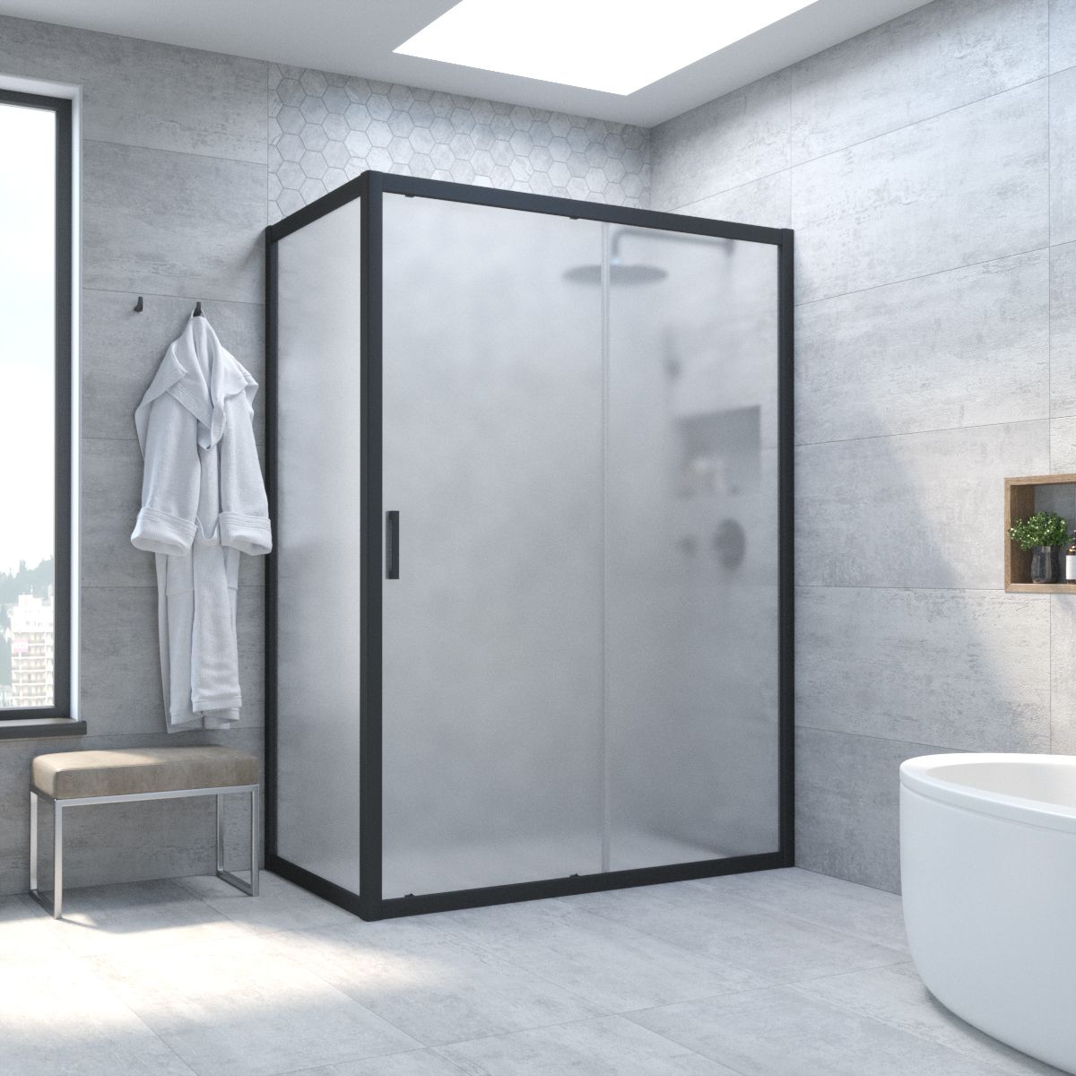 Душевой уголок Vegas Glass ZP+ZPV NOVO h2000 140*100 02М 10 профиль черный матовый, стекло сатин