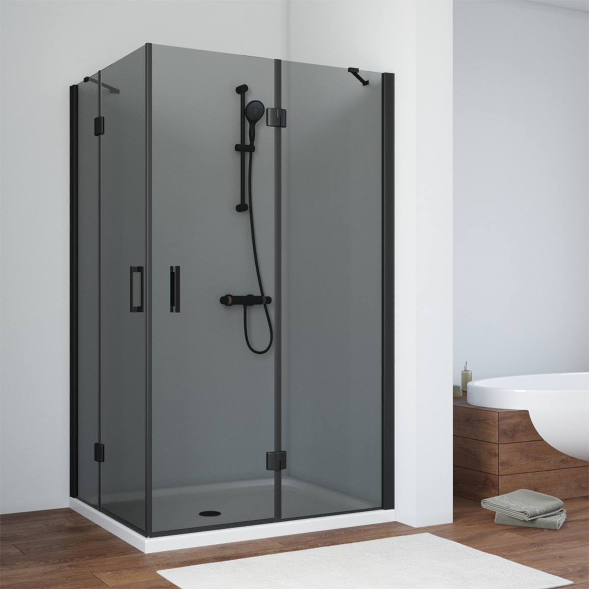 Душевой уголок Vegas Glass AFA-F NOVO 120*90 02М 07 R, профиль черный матовый, стекло графит