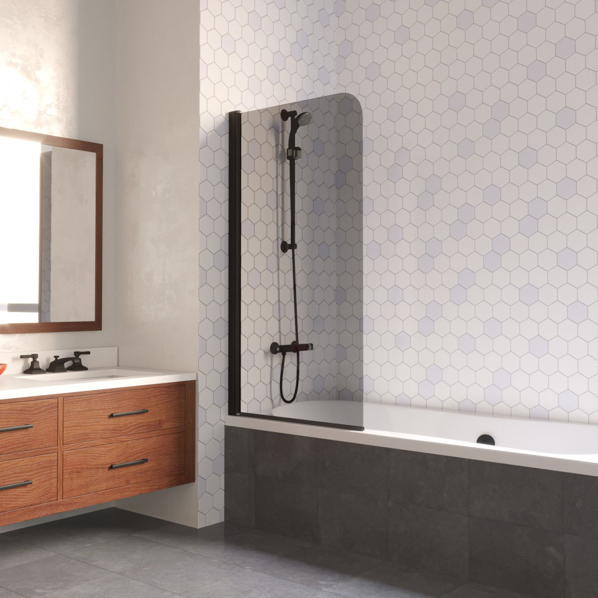 Шторка на ванну Vegas Glass EV LUX 70 02М 07 L, профиль черный матовый, стекло графит