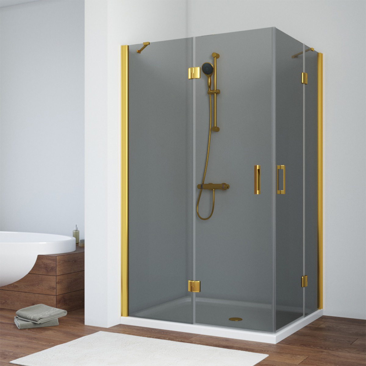 Душевой уголок Vegas Glass AFA-F NOVO 100*80 09 07 L, профиль золото глянцевое, стекло графит