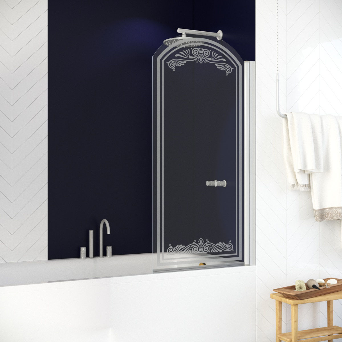 Шторка на ванну Vegas Glass EV ARC 76 01 B5+kristall R, профиль белый, стекло бронза рисунок kristall