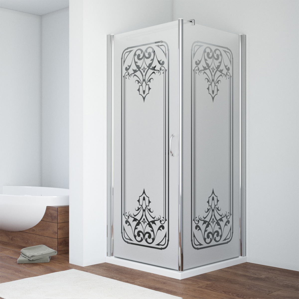 Душевой уголок Vegas Glass EP-Fis 90 08 ARTDECOR D1 L, профиль глянцевый хром, стекло сатин, рисунок прозрачный