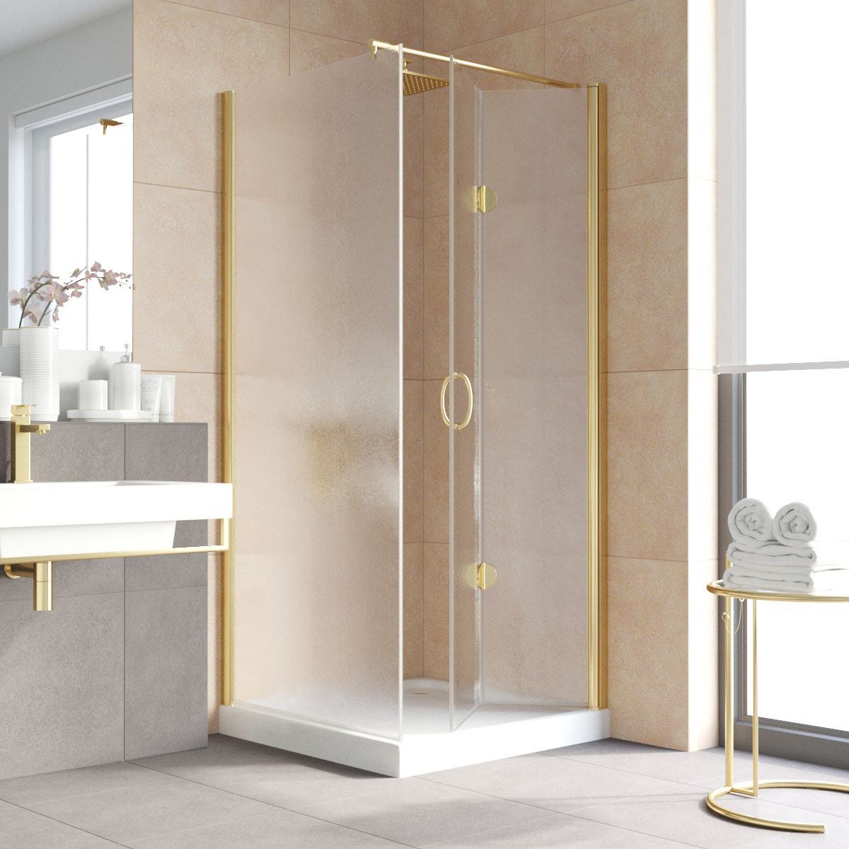 Душевой уголок Vegas Glass GPS-Fis LUX 80*90 09 02 R, профиль золото глянцевое, стекло шиншилла
