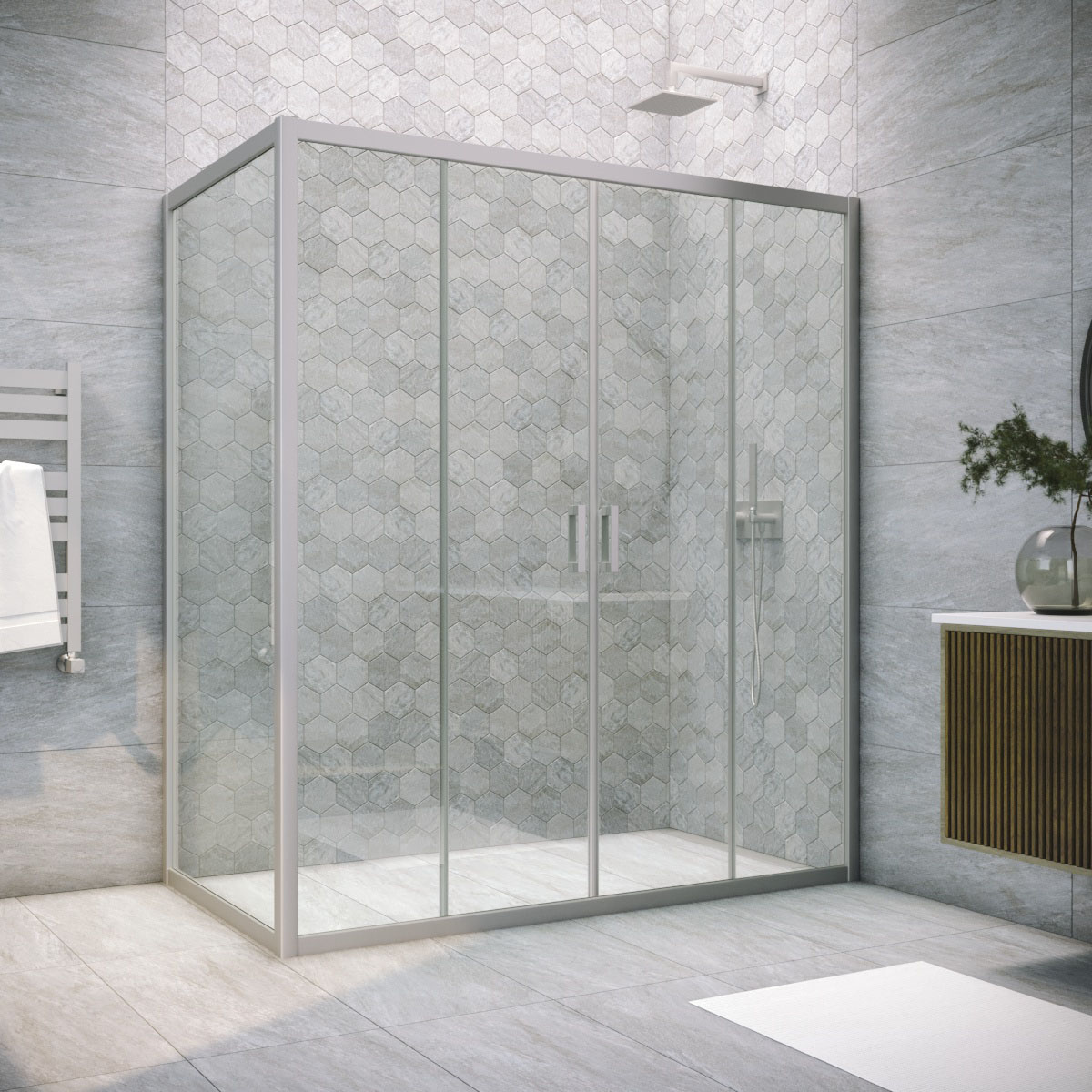 Душевой уголок Vegas Glass Z2P+ZPV NOVO 205*95 07 01, профиль матовый хром, стекло прозрачное