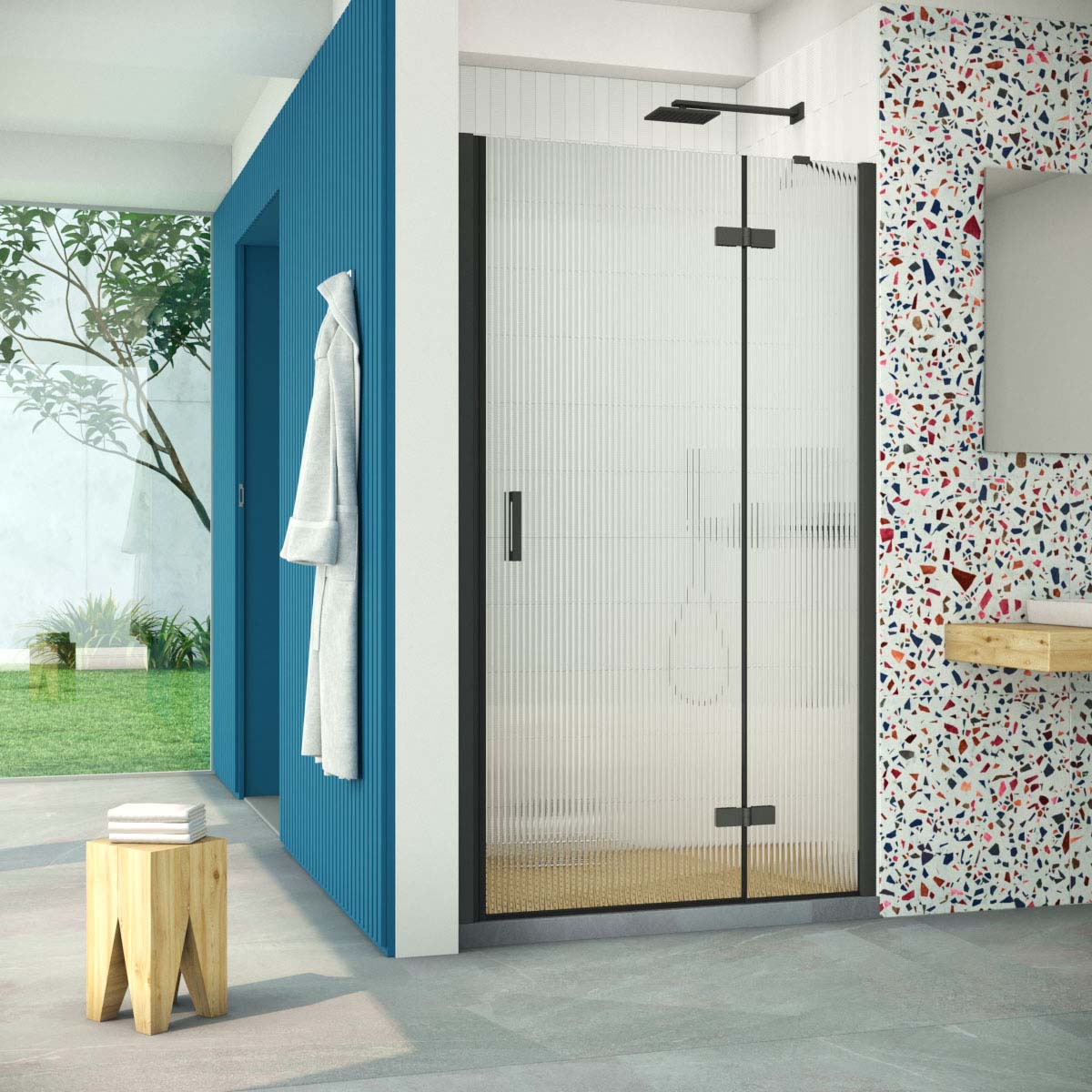 Душевая дверь в нишу Vegas Glass AFP Retta 95 02М Moru R, профиль черный матовый, стекло Moru