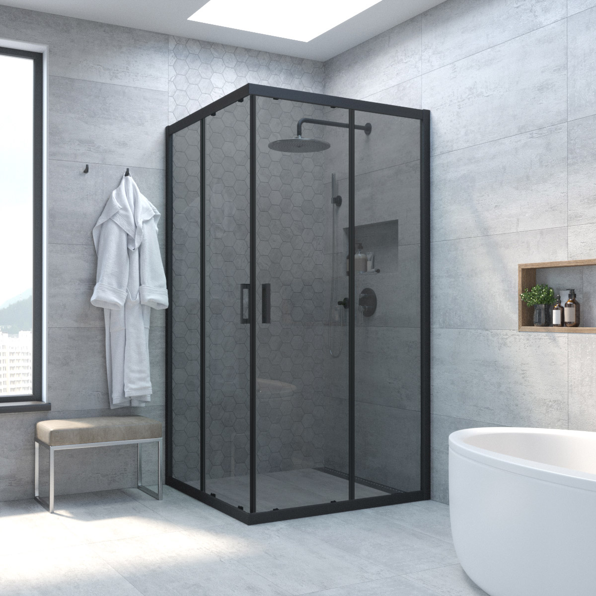 Душевой уголок Vegas Glass ZA NOVO h2000 120 02М 07, профиль черный матовый, стекло графит