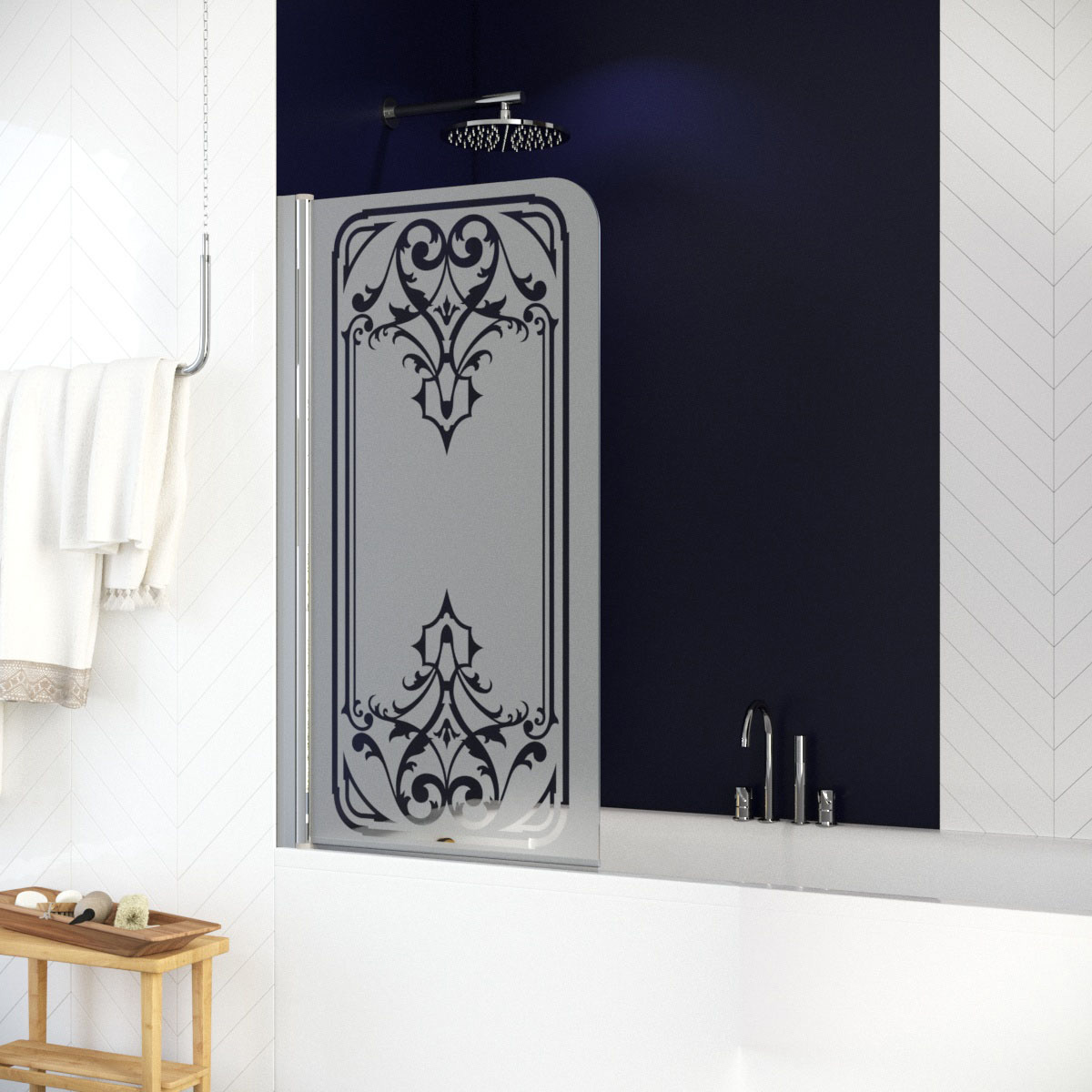 Шторка на ванну Vegas Glass EV 76 08 ARTDECO D1 L, профиль глянцевый хром, стекло с декором