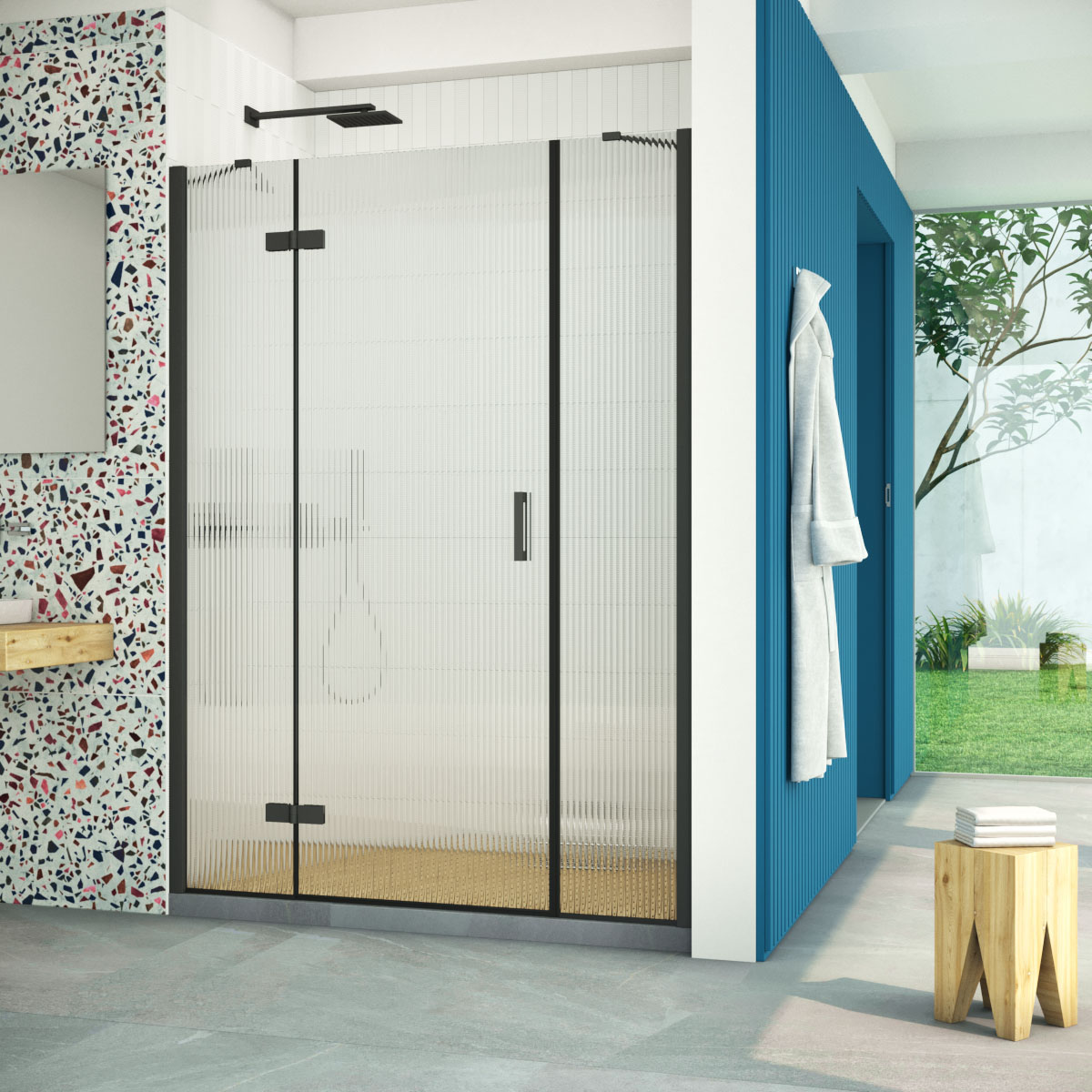 Душевая дверь в нишу Vegas Glass AFP-F Retta 140 02М Moru L, профиль черный матовый стекло Moru