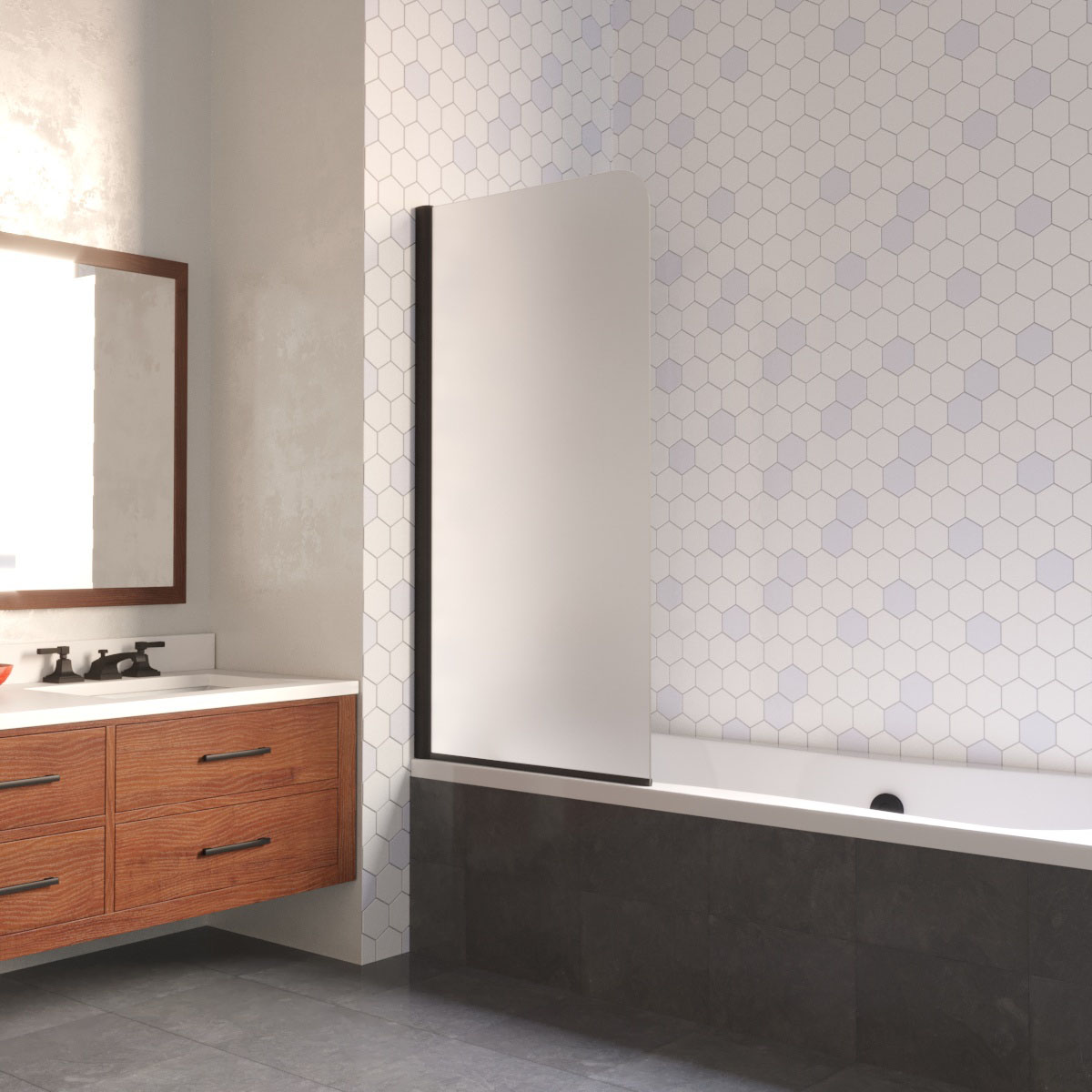 Шторка на ванну Vegas Glass  EV LUX 70 02М 10 L, профиль черный матовый, стекло сатин