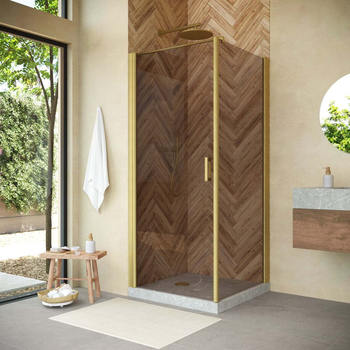 Душевой уголок Vegas Glass EP-FIS NOVO 90*110 03 05 L, профиль золото матовое, стекло бронза