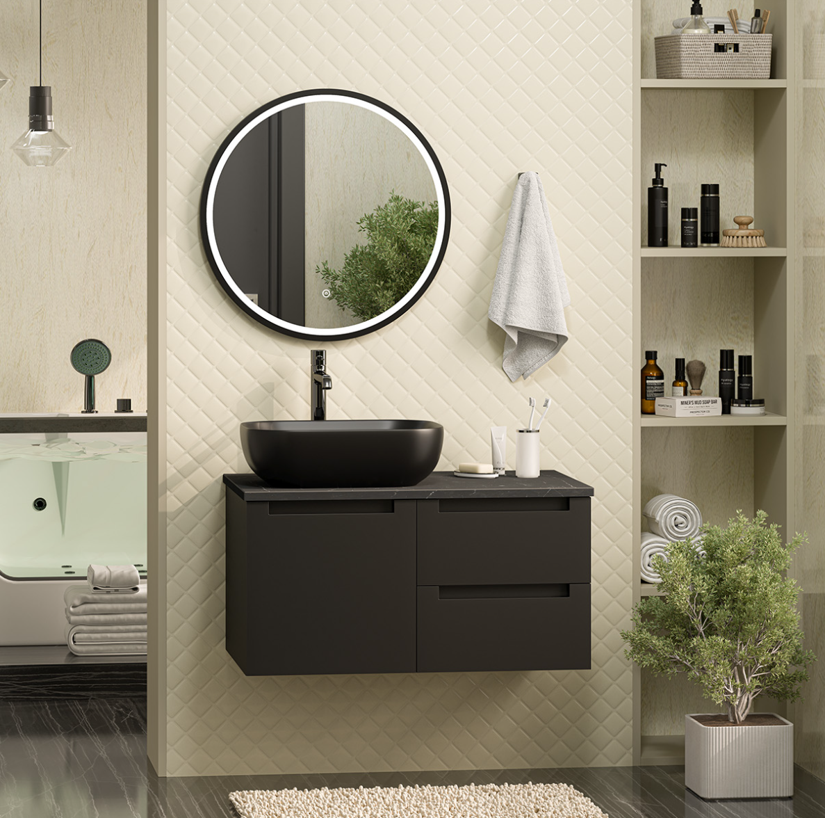 Тумба с раковиной Brevita Cargo 80 черная матовая, подвесная