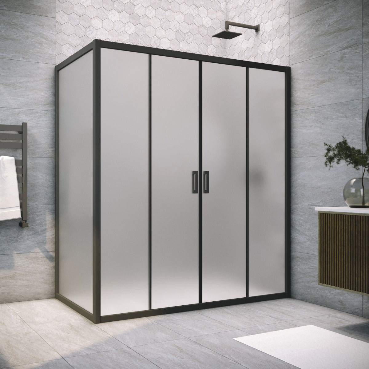 Душевой уголок Vegas Glass Z2P+ZPV NOVO h2000 215*85 02М 10, профиль черный матовый, стекло сатин