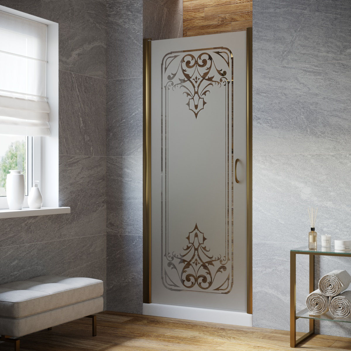 Душевая дверь в нишу Vegas Glass EP LUX 95 05 ARTDECO D2 L, профиль бронза, стекло сатин, рисунок прозрачный