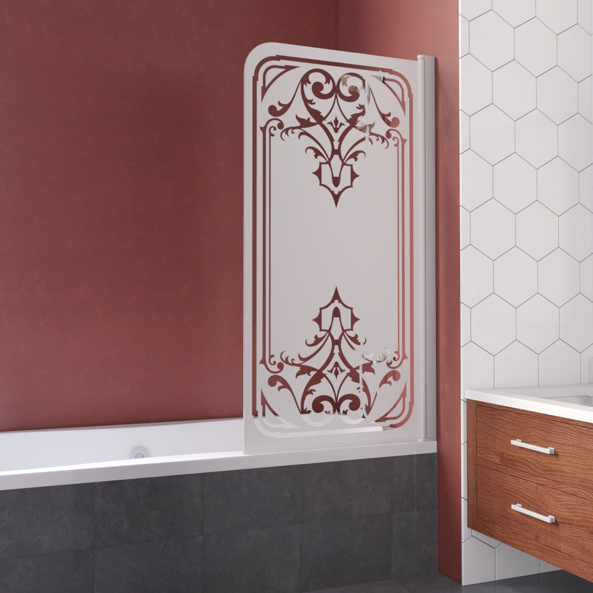 Шторка на ванну Vegas Glass EV LUX 75 01 ARTDECO D1 R, профиль белый, стекло с декором