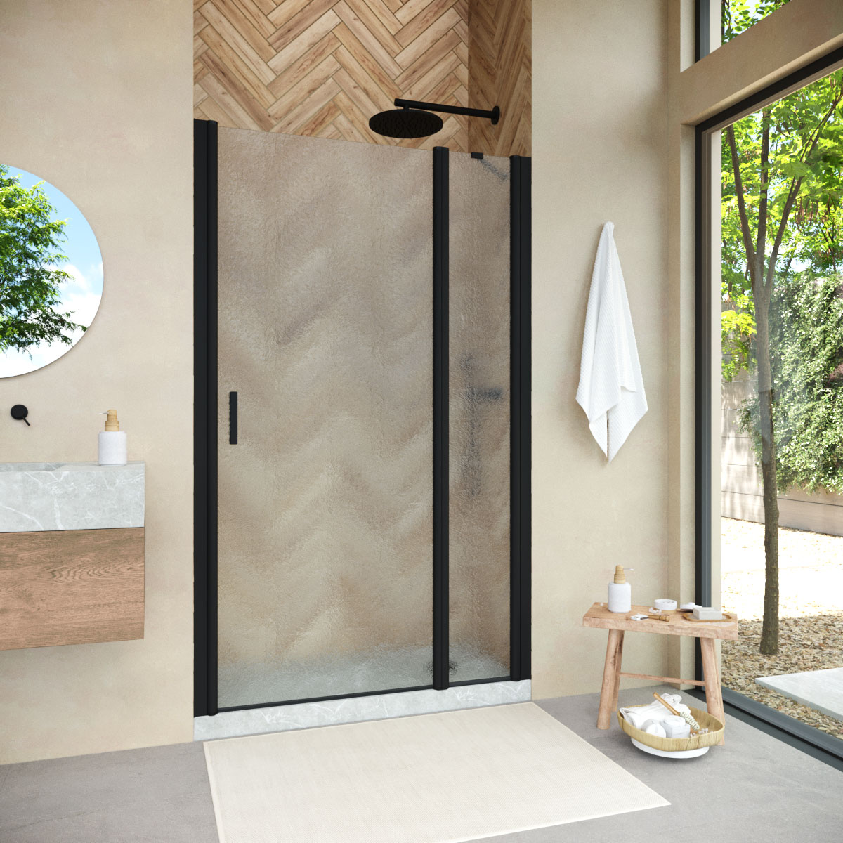 Душевая дверь в нишу Vegas Glass  EP-F-1 NOVO h2000 135 02М 02 R, профиль черный матовый, стекло шиншилла