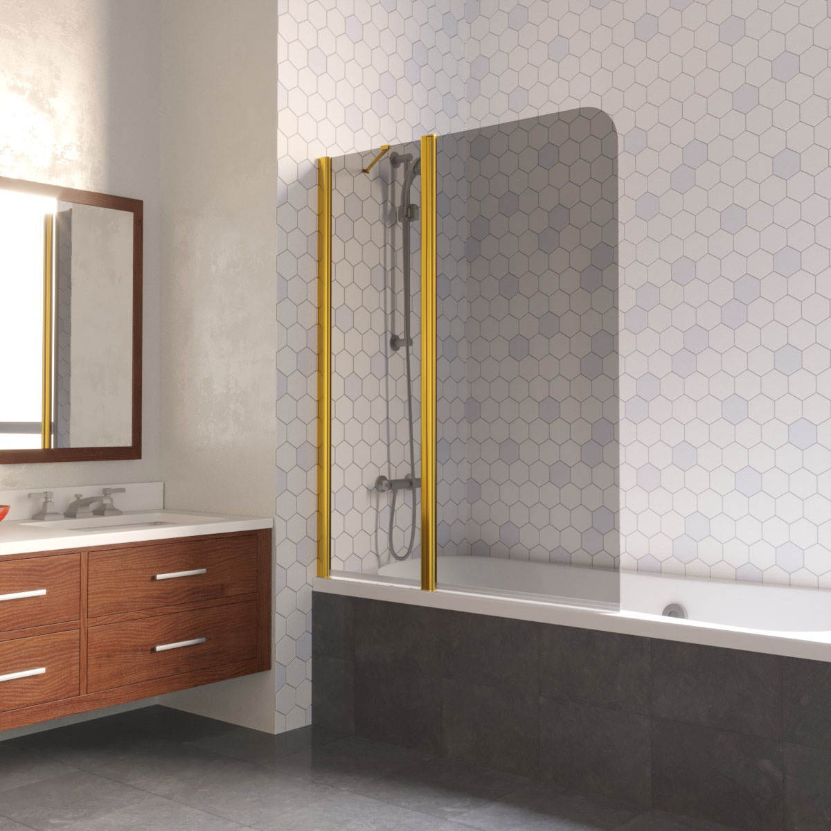 Шторка на ванну Vegas Glass E2V LUX ST 125 09 07 L, профиль золото глянцевое, стекло графит