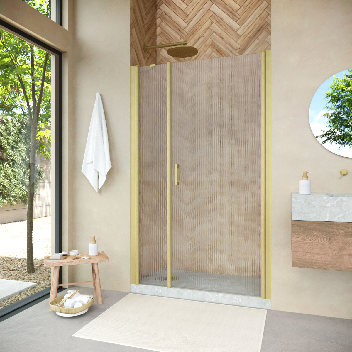 Душевая дверь в нишу Vegas Glass  EP-F-2 NOVO h2000 165 03 Moru R, профиль золото матовое, стекло Moru