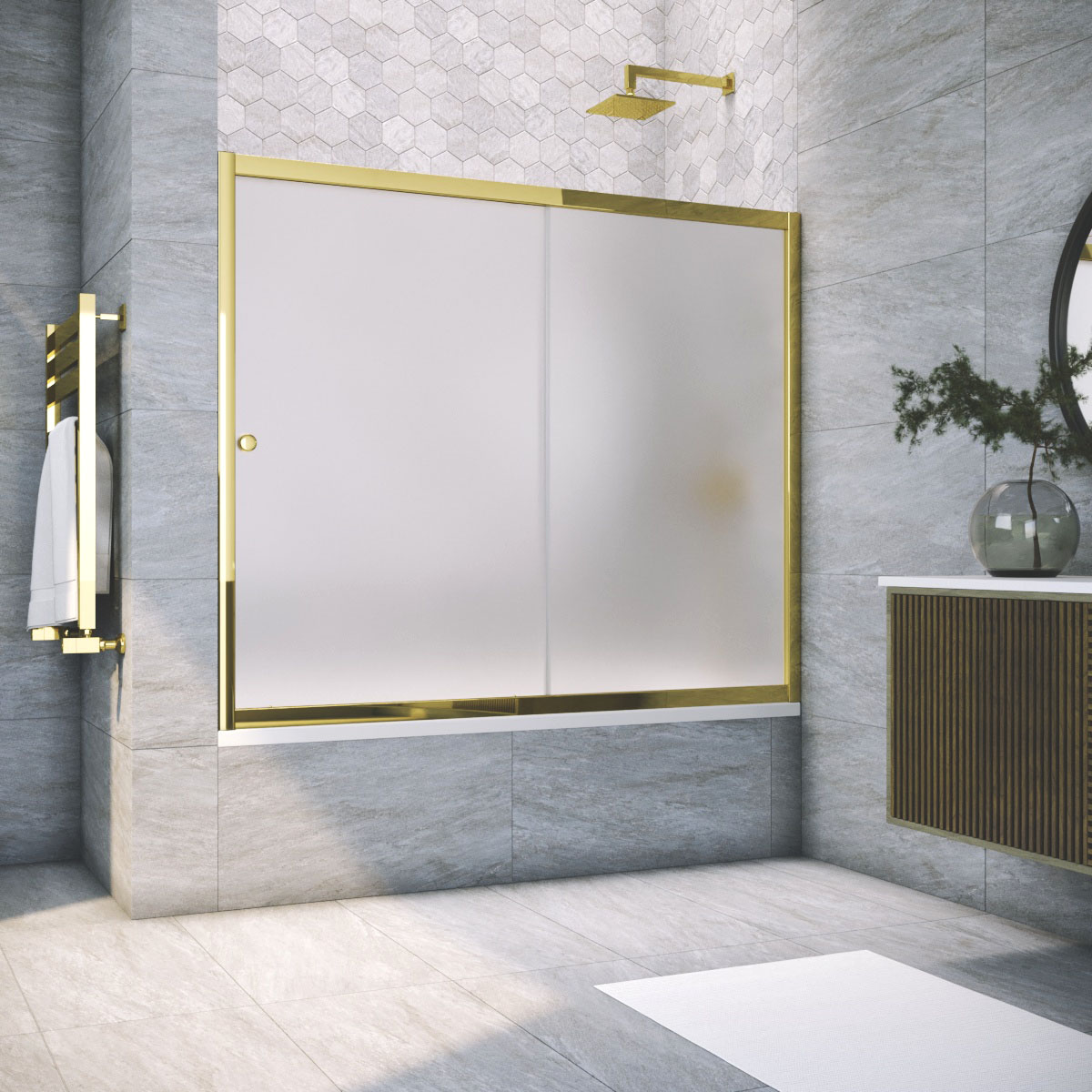 Шторка на ванну Vegas Glass ZV TUR NOVO 190 09 10, профиль золото глянцевое, стекло сатин