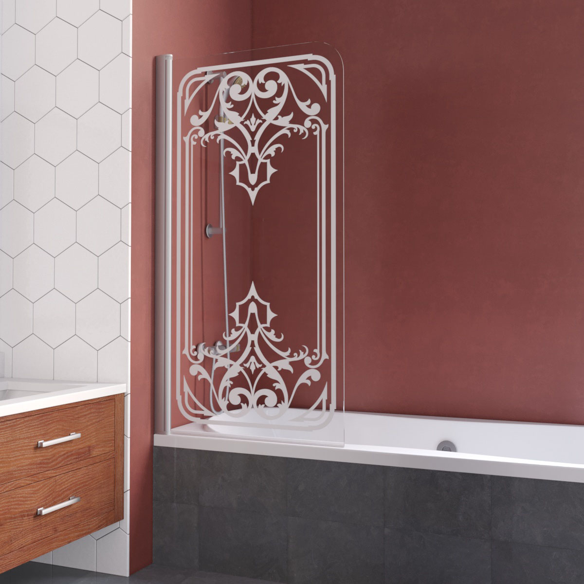 Шторка на ванну Vegas Glass EV LUX 75 07 ARTDECO D2 L, профиль матовый хром, стекло с декором