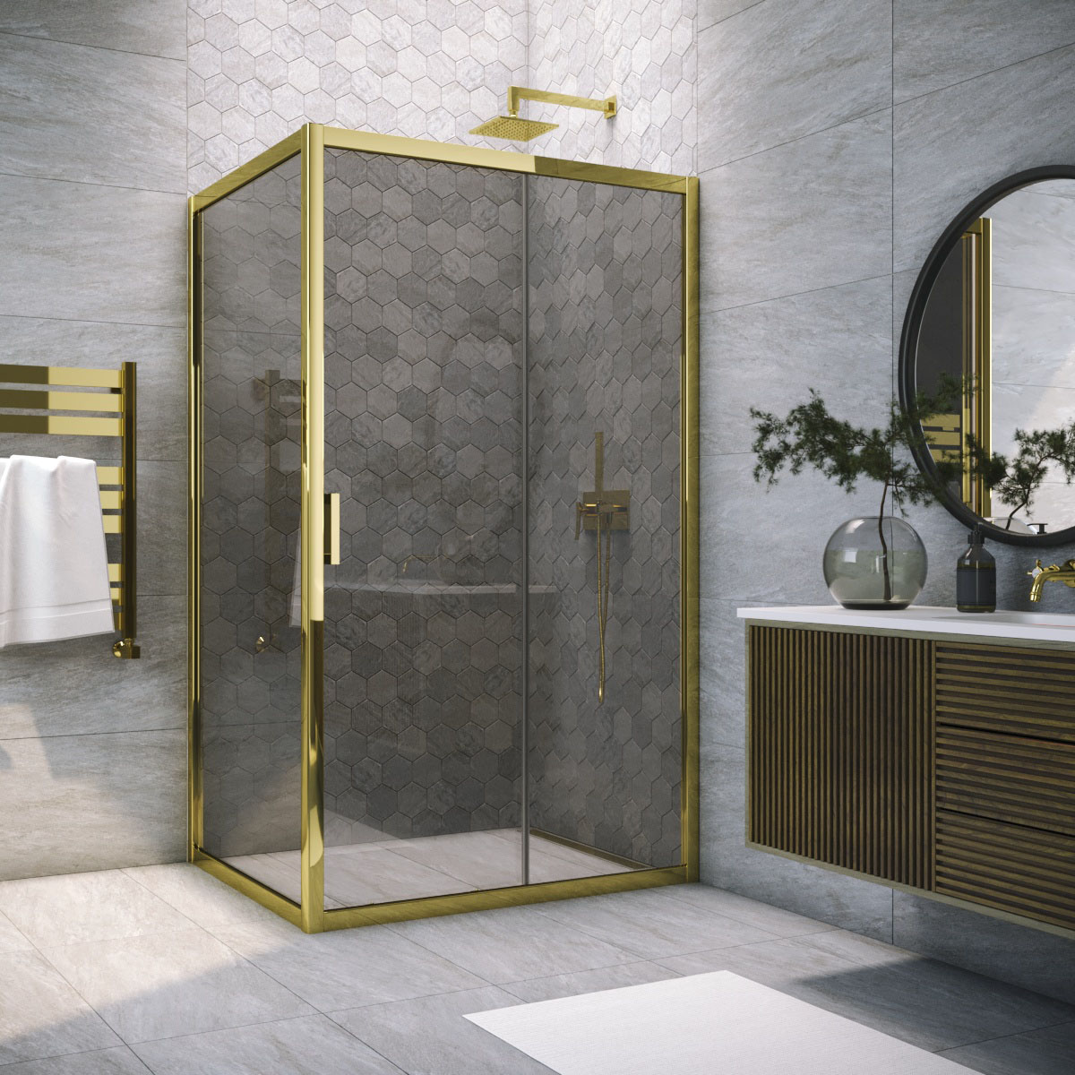 Душевой уголок Vegas Glass ZP+ZPV TUR NOVO 145*70 09 07, профиль золото глянцевое, стекло графит