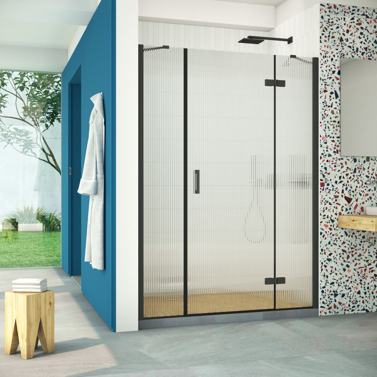 Душевая дверь в нишу Vegas Glass AFP-F Retta 130 02М Moru R, профиль черный матовый стекло Moru