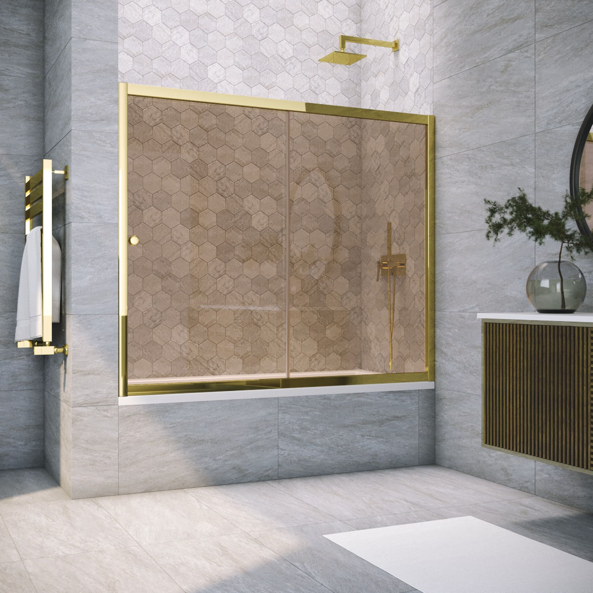 Шторка на ванну Vegas Glass ZV TUR NOVO 190 09 05, профиль золото глянцевое, стекло бронза