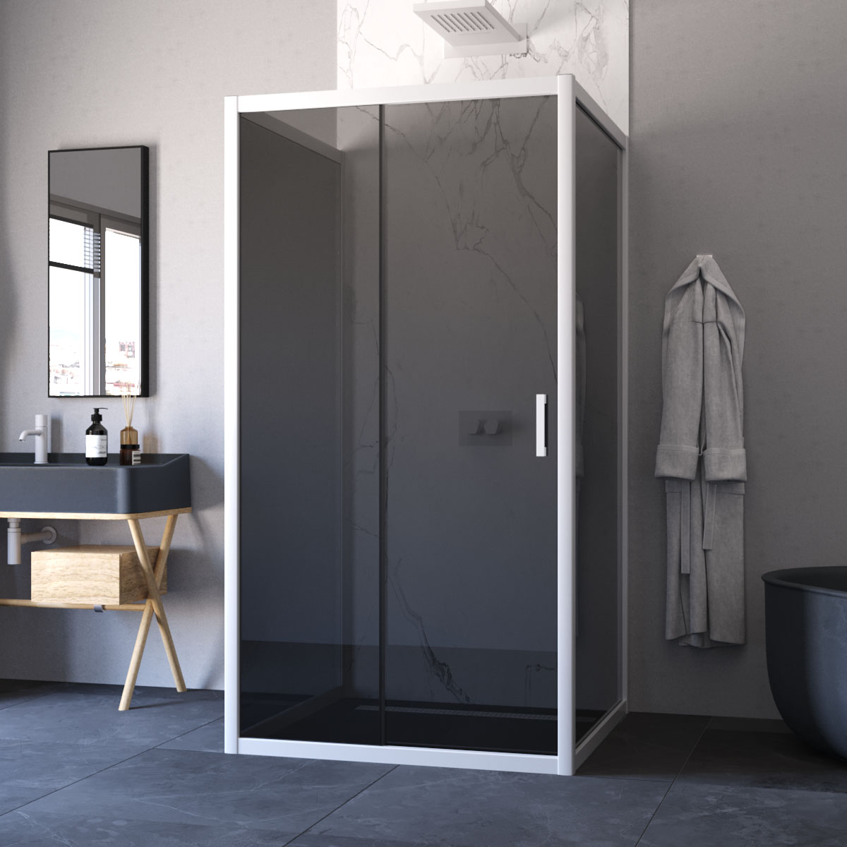 Душевой уголок Vegas Glass ZP-U NOVO h2000 100*100 01 07, профиль белый, стекло графит