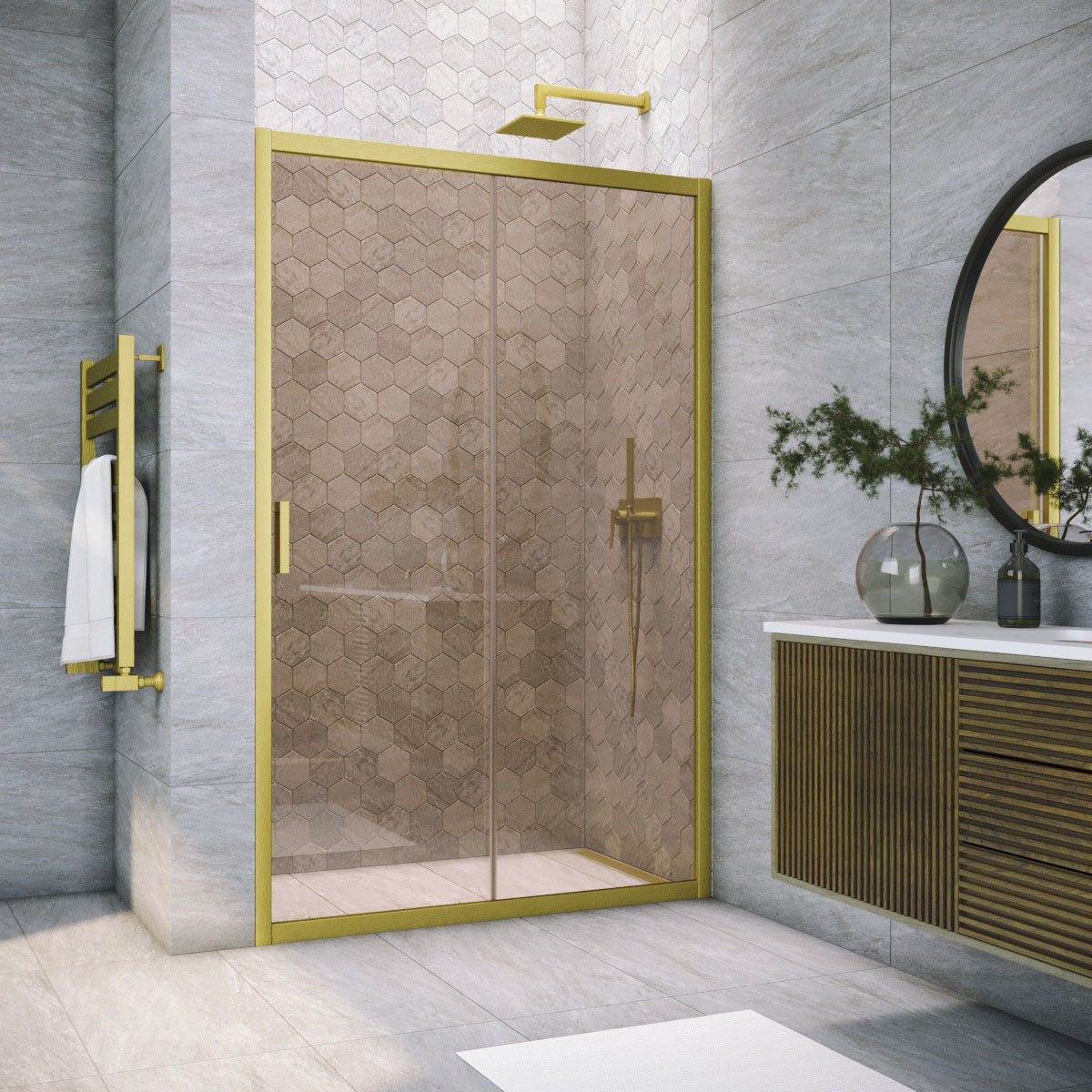 Душевая дверь в нишу Vegas Glass ZP NOVO 175 03 05, профиль золото матовое, стекло бронза