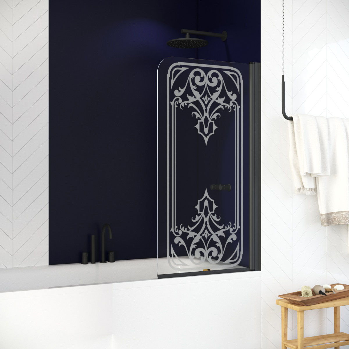 Шторка на ванну Vegas Glass EV NOVO 76 02М ARTDECO D2 R, профиль черный матовый, стекло с декором