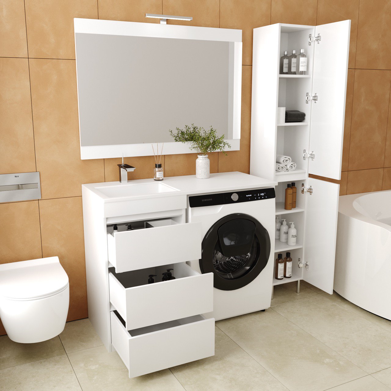 Тумба с раковиной Style Line Даллас 110 L Люкс белая 3 ящика, Plus напольная