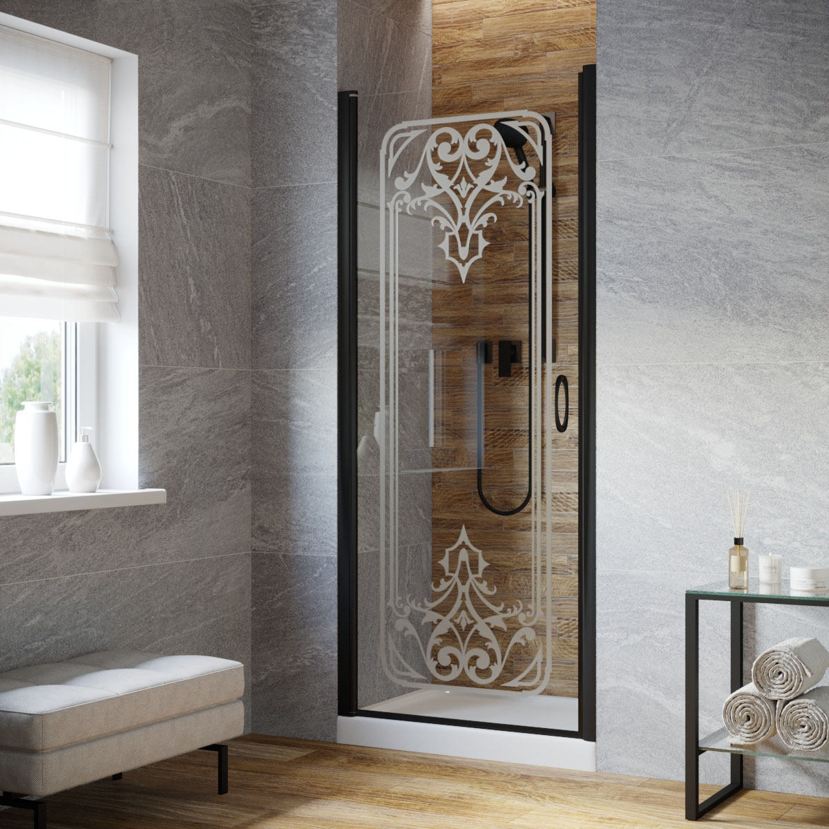 Душевая дверь в нишу Vegas Glass EP LUX 90 02М ARTDECO D1 L, профиль черный матовый, стекло прозрачное, рисунок сатин