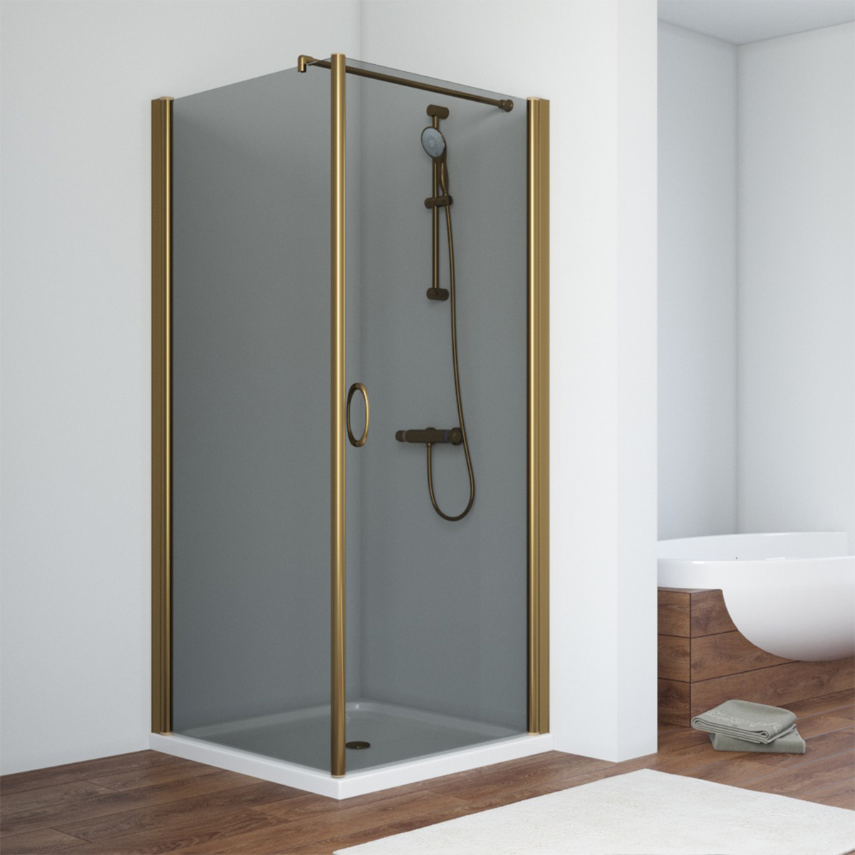 Душевой уголок Vegas Glass EP-Fis 90*120 05 07 R, профиль бронза, стекло графит
