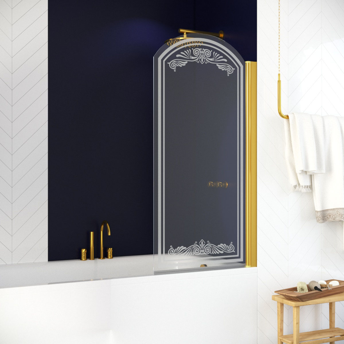 Шторка на ванну Vegas Glass EV ARC 76 09 B5+kristall R, профиль золото глянцевое, стекло бронза рисунок kristall