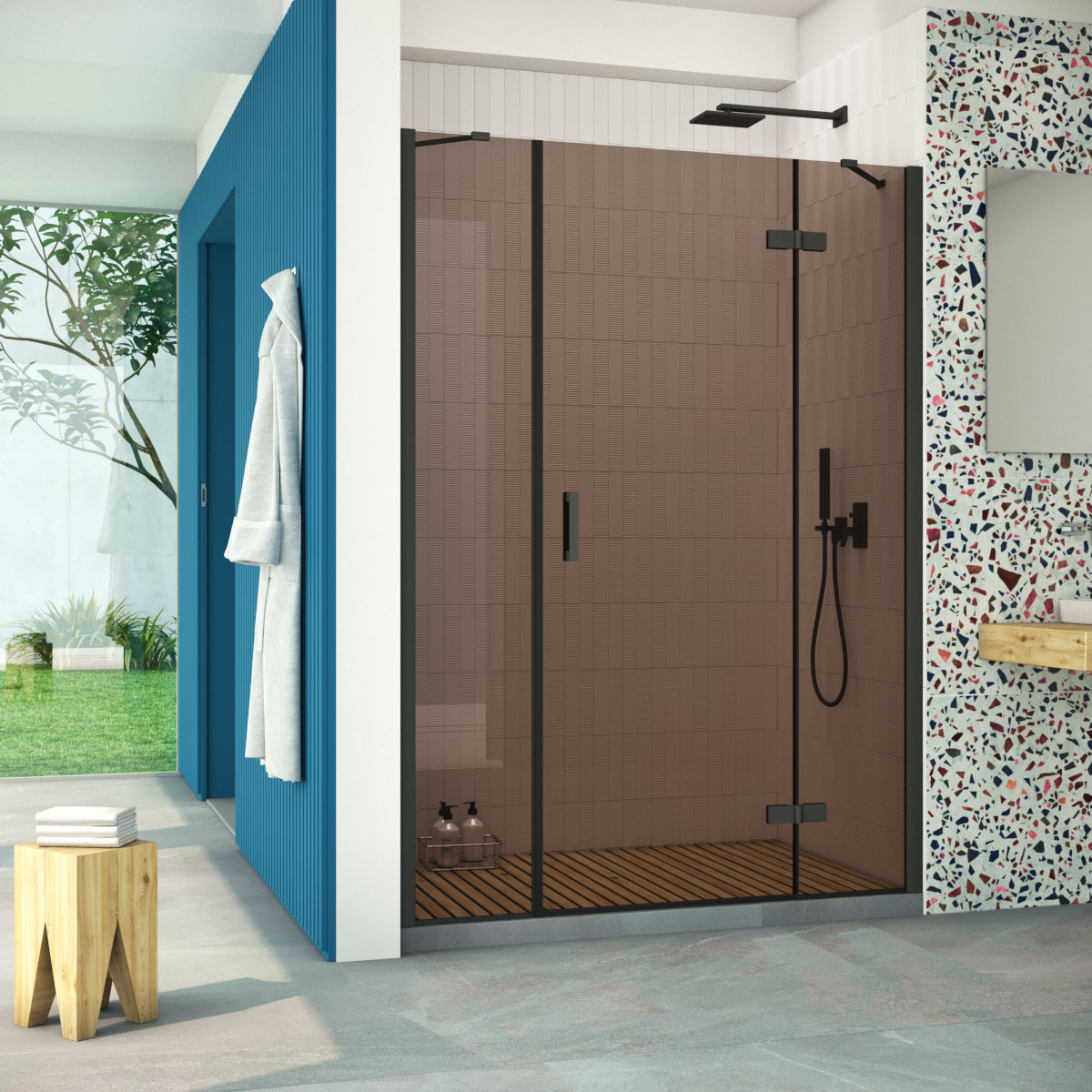 Душевая дверь в нишу Vegas Glass AFP-F Retta 150 02М 05 R, профиль черный матовый стекло бронза