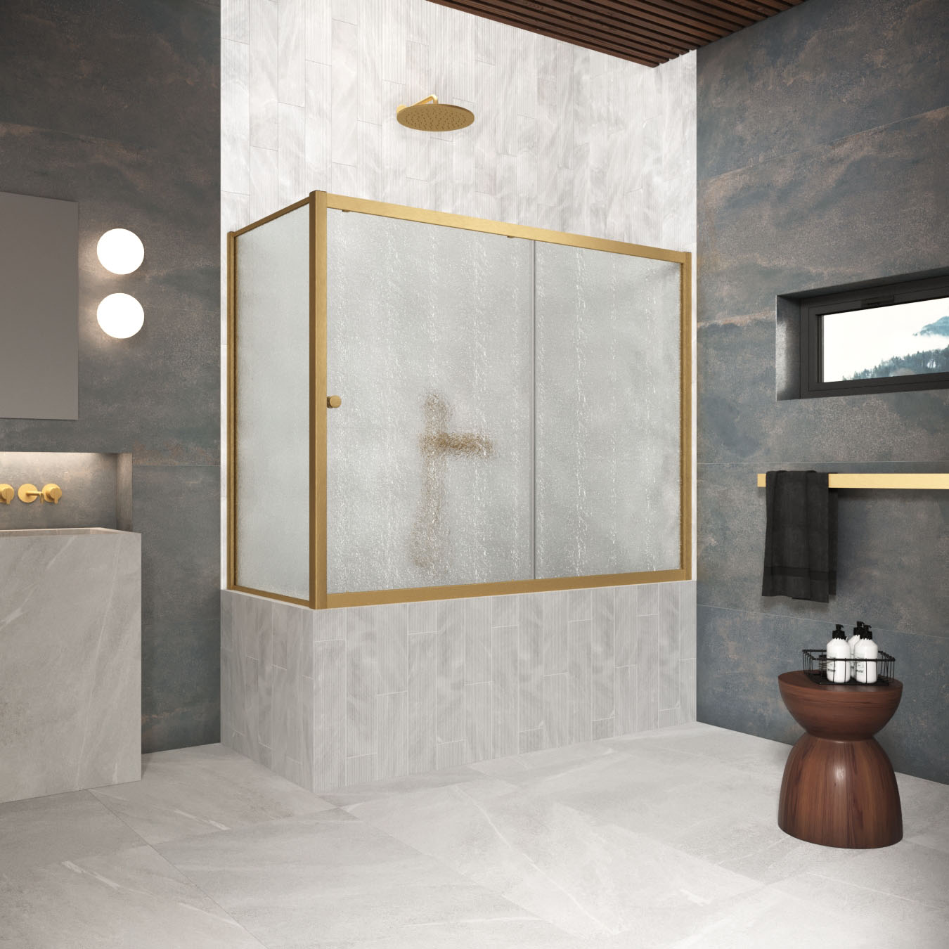 Шторка на ванну Vegas Glass  ZV+ZVF Protec 150*80 03 02, профиль золото матовое, стекло шиншилла