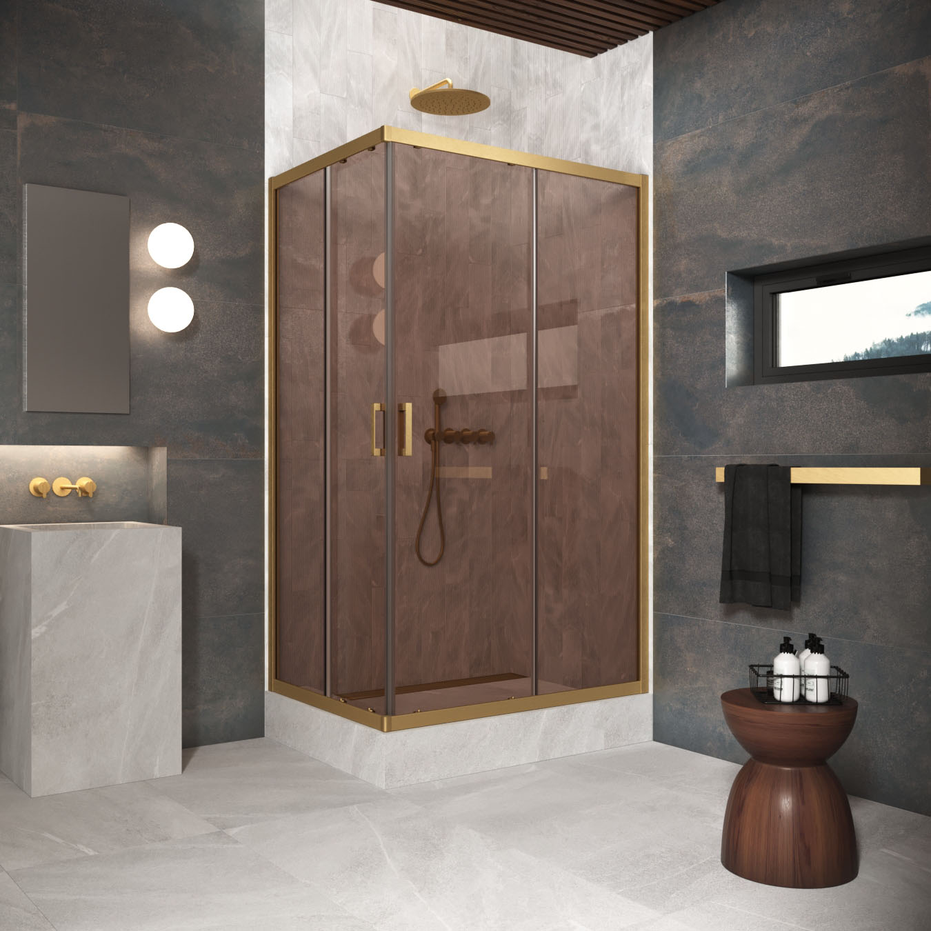 Душевой уголок Vegas Glass ZA-F Protec h1900 100*70 03 05, профиль золото матовое, стекло бронза