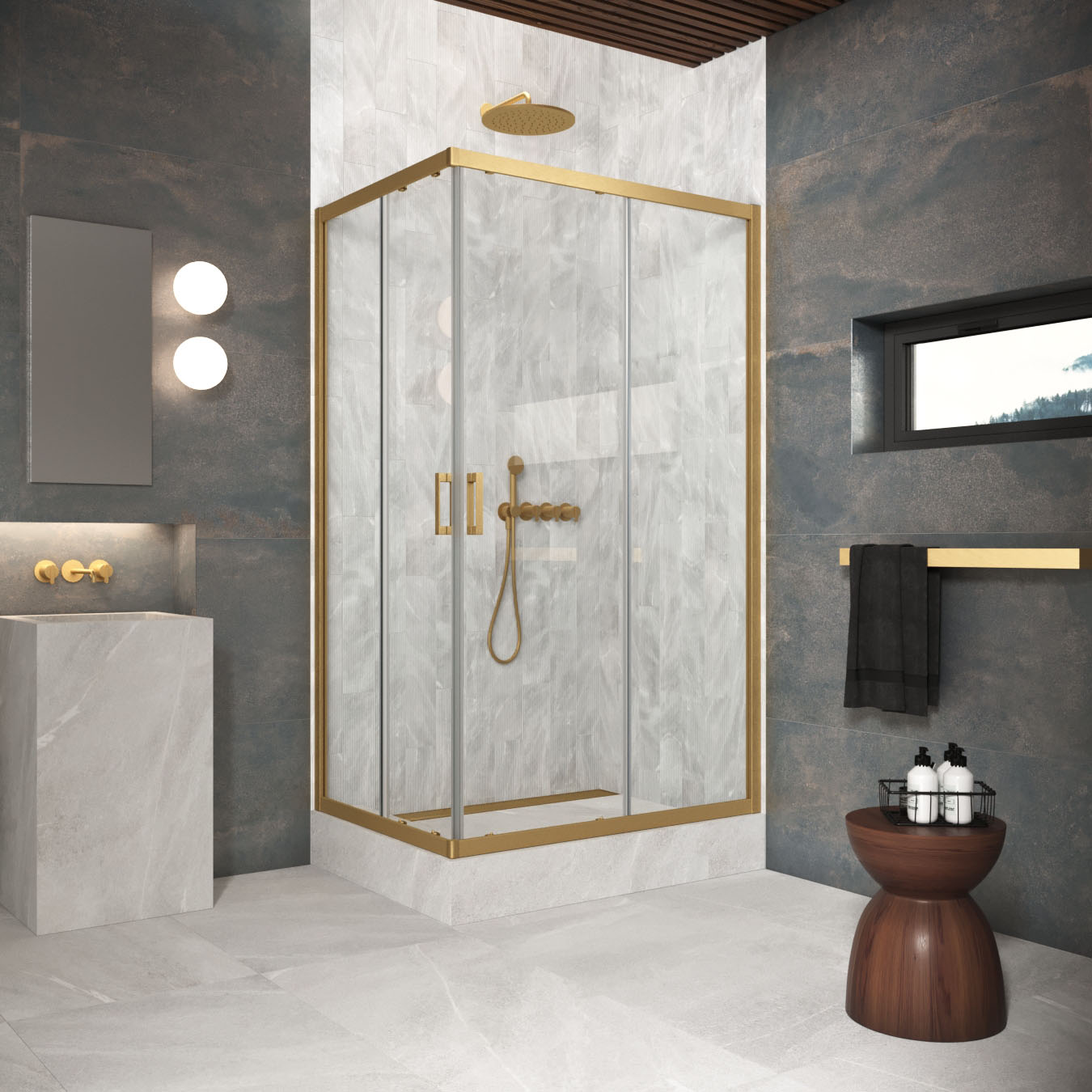 Душевой уголок Vegas Glass ZA-F Protec h1900 110*95 03 01, профиль золото матовое, стекло прозрачное