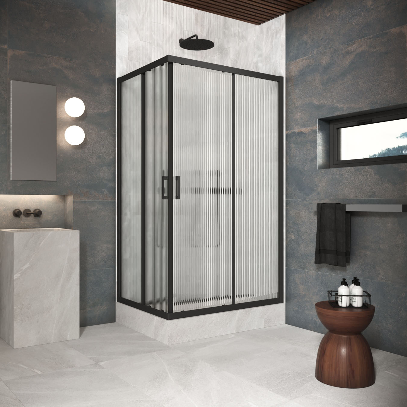 Душевой уголок Vegas Glass ZA-F Protec 100*80 02М Moru, профиль черный матовый, стекло Moru