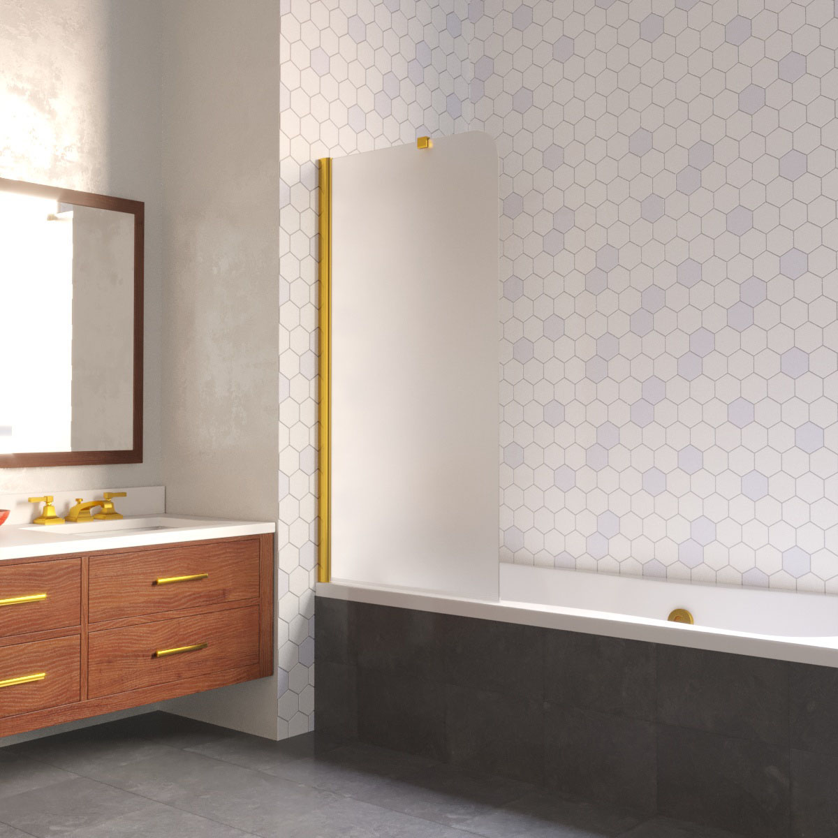 Шторка на ванну Vegas Glass EV LUX ST 76 09 10 L, профиль золото глянцевое, стекло сатин