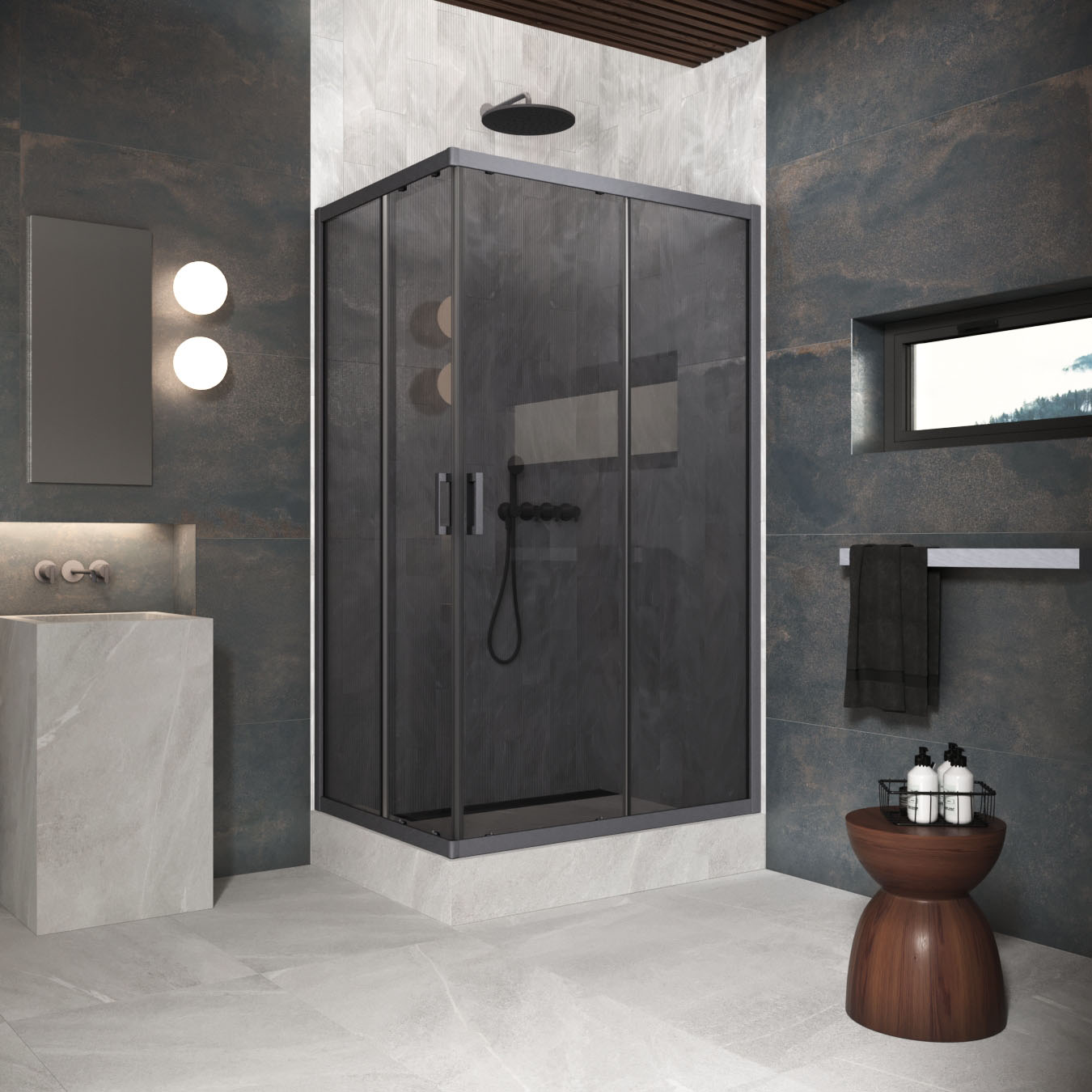 Душевой уголок Vegas Glass ZA-F Protec 95*85 06 07, профиль GunMetal, стекло графит