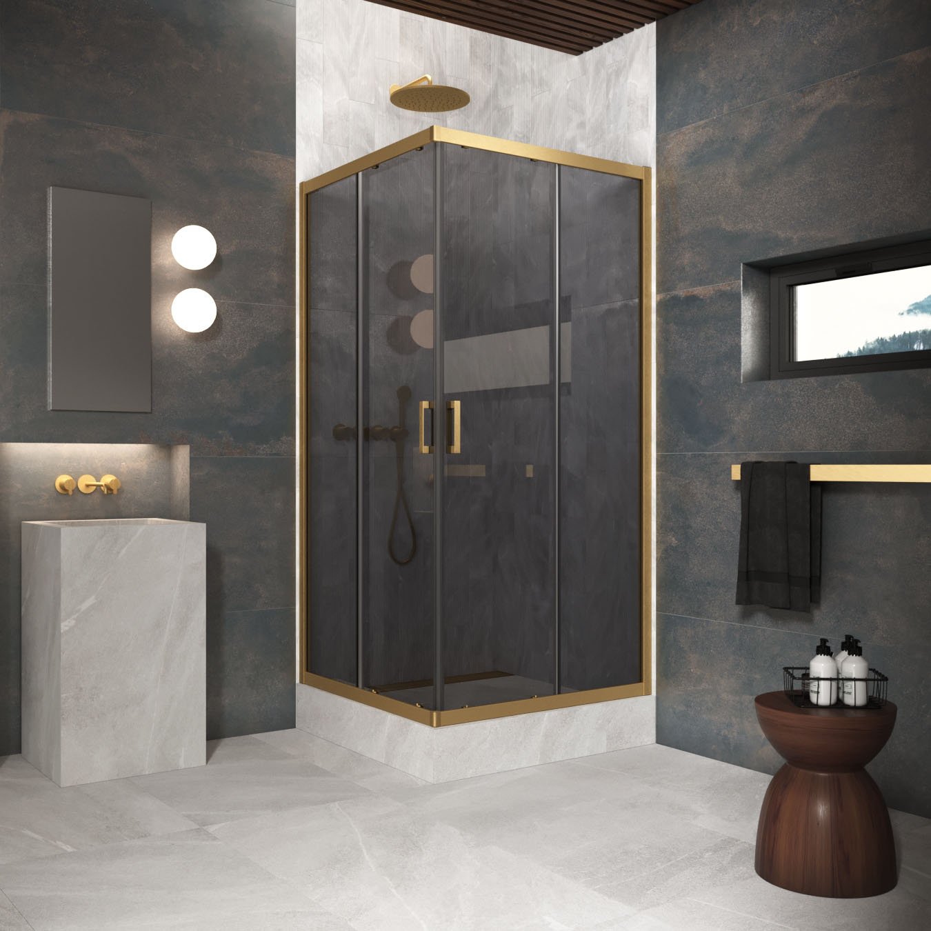 Душевой уголок Vegas Glass ZA Protec 95 03 07, профиль золото матовое, стекло графит