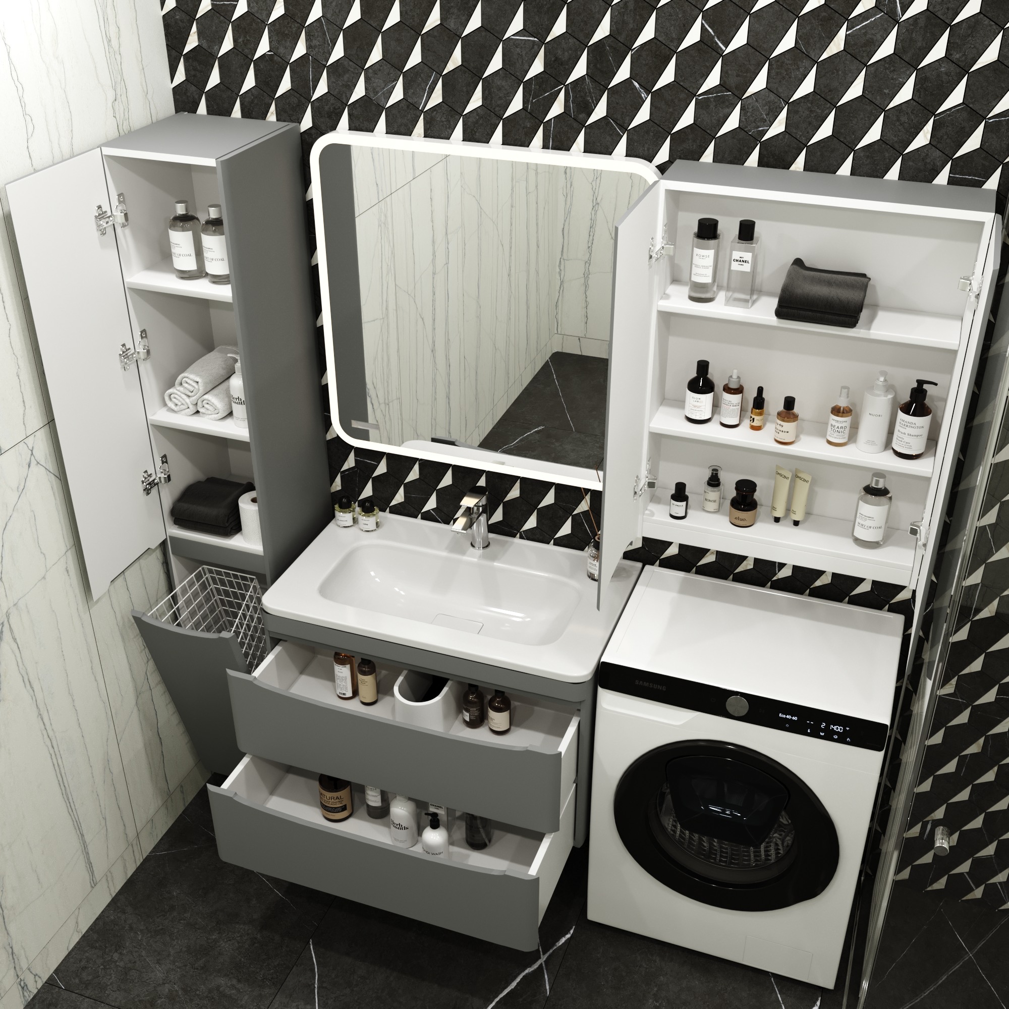 Тумба с раковиной Style Line Бергамо мини 80 2 ящика Люкс антискрейтч серая, Plus подвесная