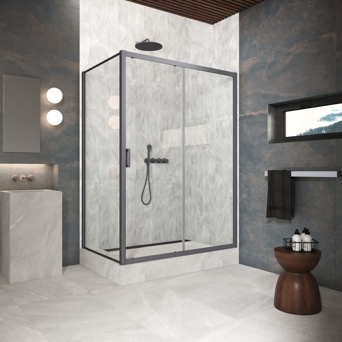 Душевой уголок Vegas Glass ZP+ZPV Protec 150*70 06 01, профиль GunMetal, стекло прозрачное