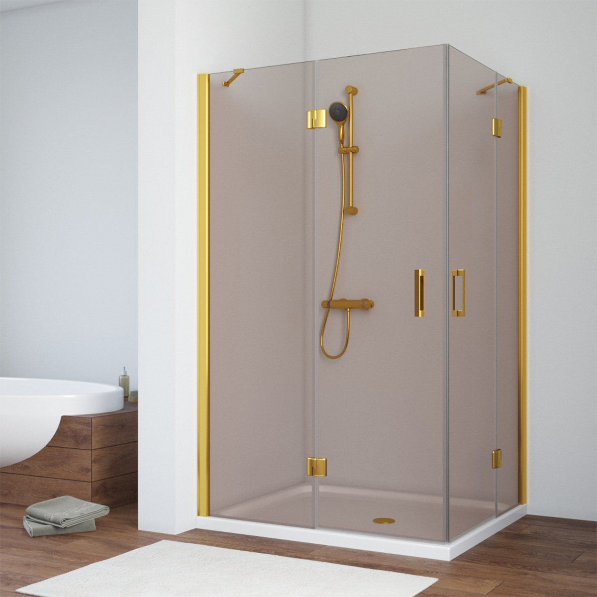 Душевой уголок Vegas Glass AFA-F NOVO 110*100 09 05 L, профиль золото глянцевое, стекло бронза