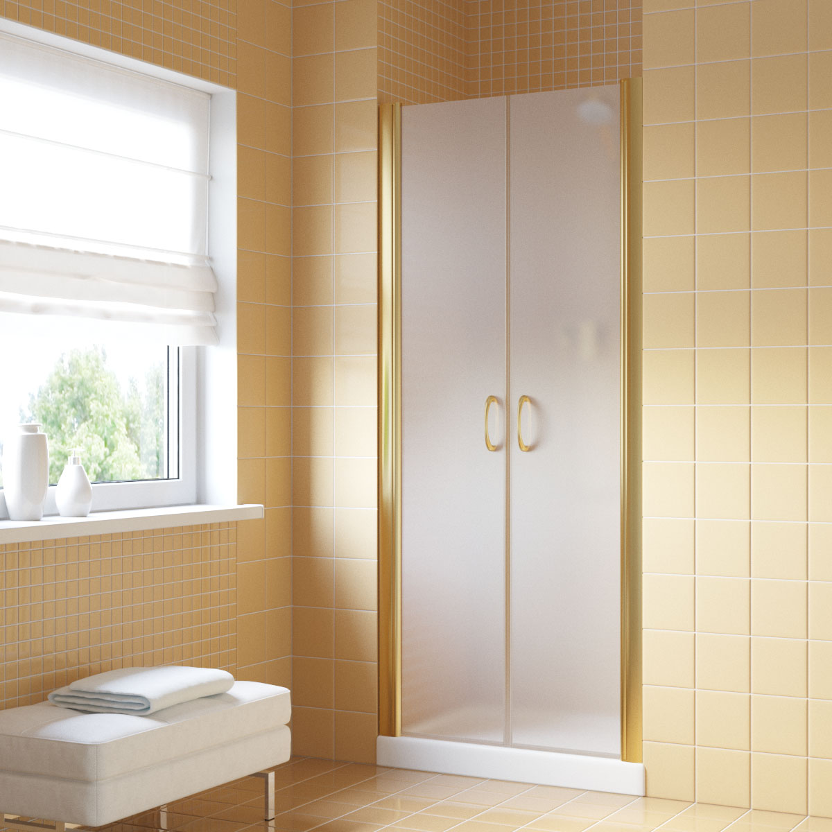 Душевая дверь в нишу Vegas Glass  E2P LUX 120 09 10, профиль золото глянцевое, стекло сатин